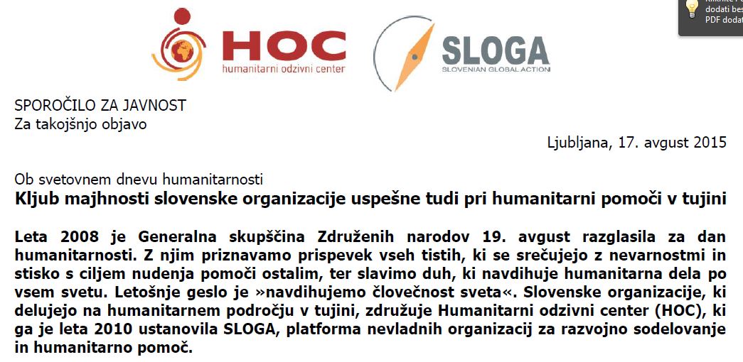 Ob svetovnem dnevu humanitarnosti – kljub majhnosti slovenske organizacije uspešne pri humanitarni pomoči v tujini